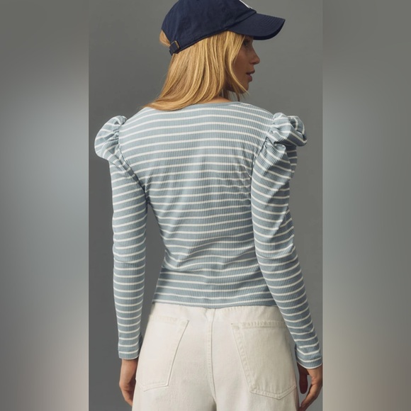 Anthropologie Porridge Blue & White Puff-Sleeve Ribbed Top – Size XS - Picture 2 of 6